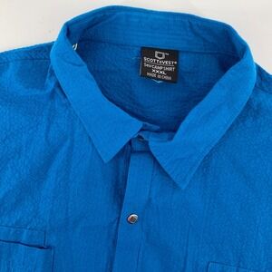 SCOTTeVEST SevCAMP Shirt Mens XXXL Blue Textured Short Sleeve Button Up